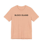 BlockBoundRI peach-colored cotton t-shirt with BLOCK ISLAND printed in black minimalist text on the chest