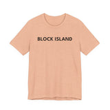 BlockBoundRI peach-colored cotton t-shirt with BLOCK ISLAND printed in black minimalist text on the chest