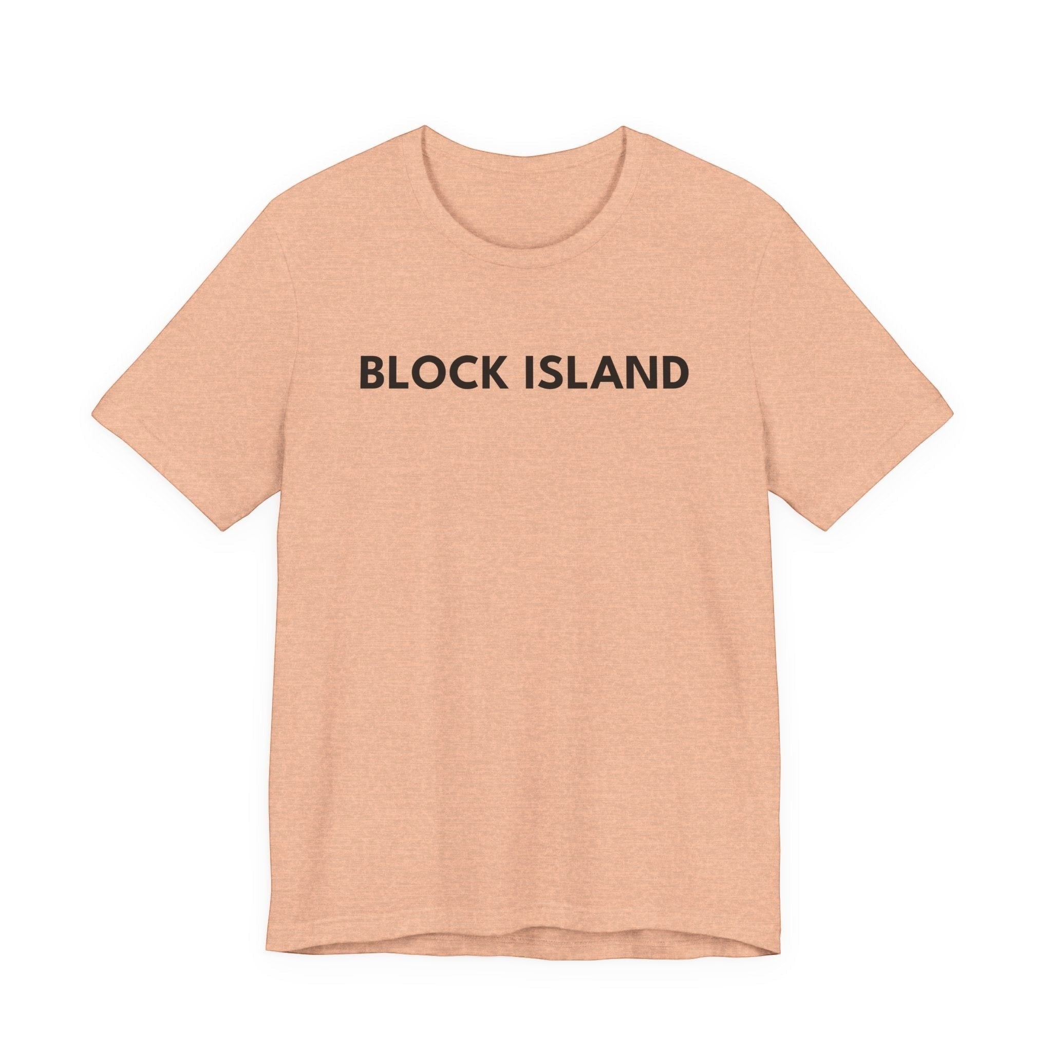 BlockBoundRI peach-colored cotton t-shirt with BLOCK ISLAND printed in black minimalist text on the chest
