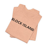 BlockBoundRI peach-colored cotton crew neck t-shirt with BLOCK ISLAND printed in black minimalist text on the front