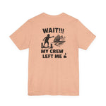 BlockBoundRI peach cotton t-shirt featuring a back graphic of a person chasing a ferry with Wait My Crew Left Me text