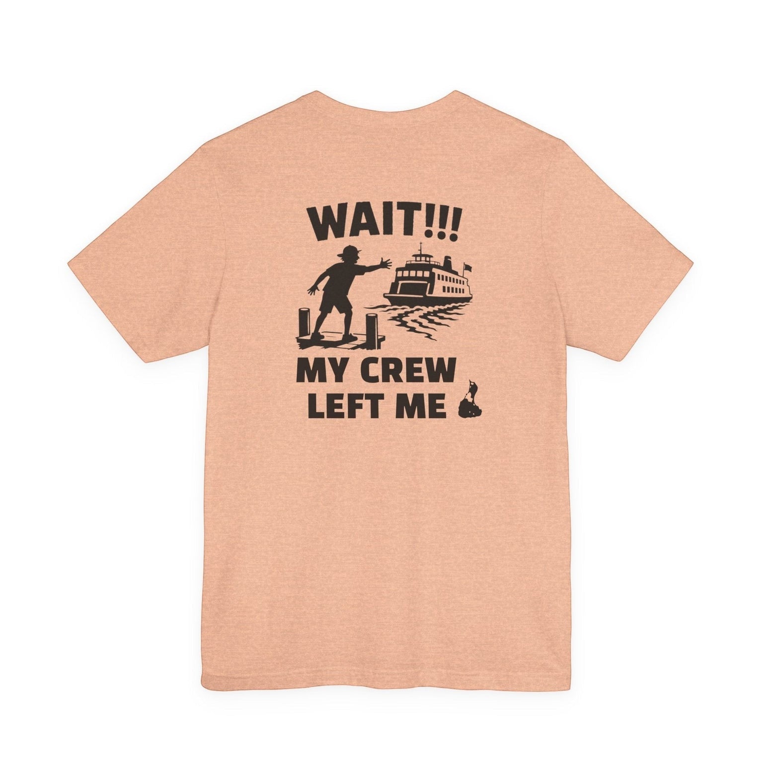 BlockBoundRI peach cotton t-shirt featuring a back graphic of a person chasing a ferry with Wait My Crew Left Me text