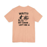 BlockBoundRI peach cotton t-shirt featuring a back graphic of a person chasing a ferry with Wait My Crew Left Me text