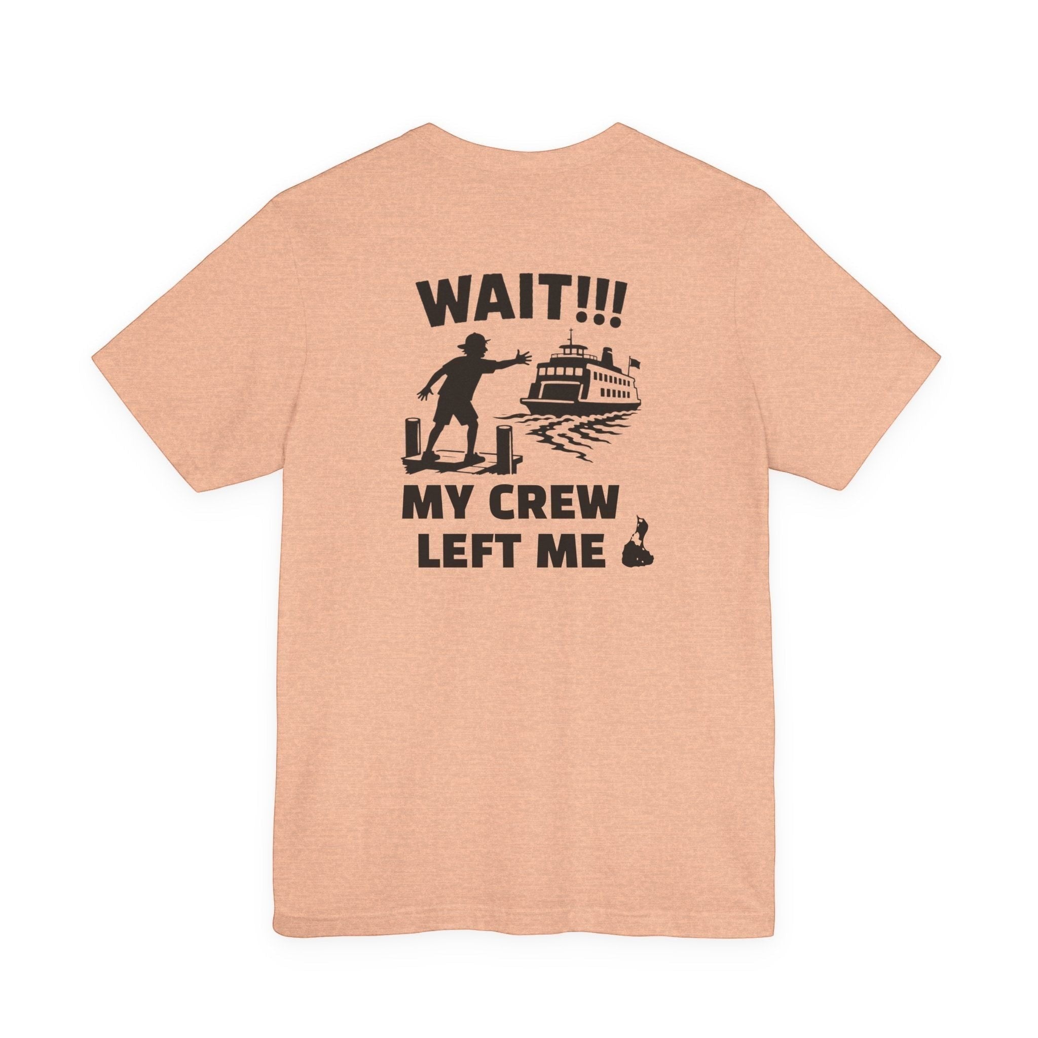 BlockBoundRI peach cotton t-shirt featuring a back graphic of a person chasing a ferry with Wait My Crew Left Me text