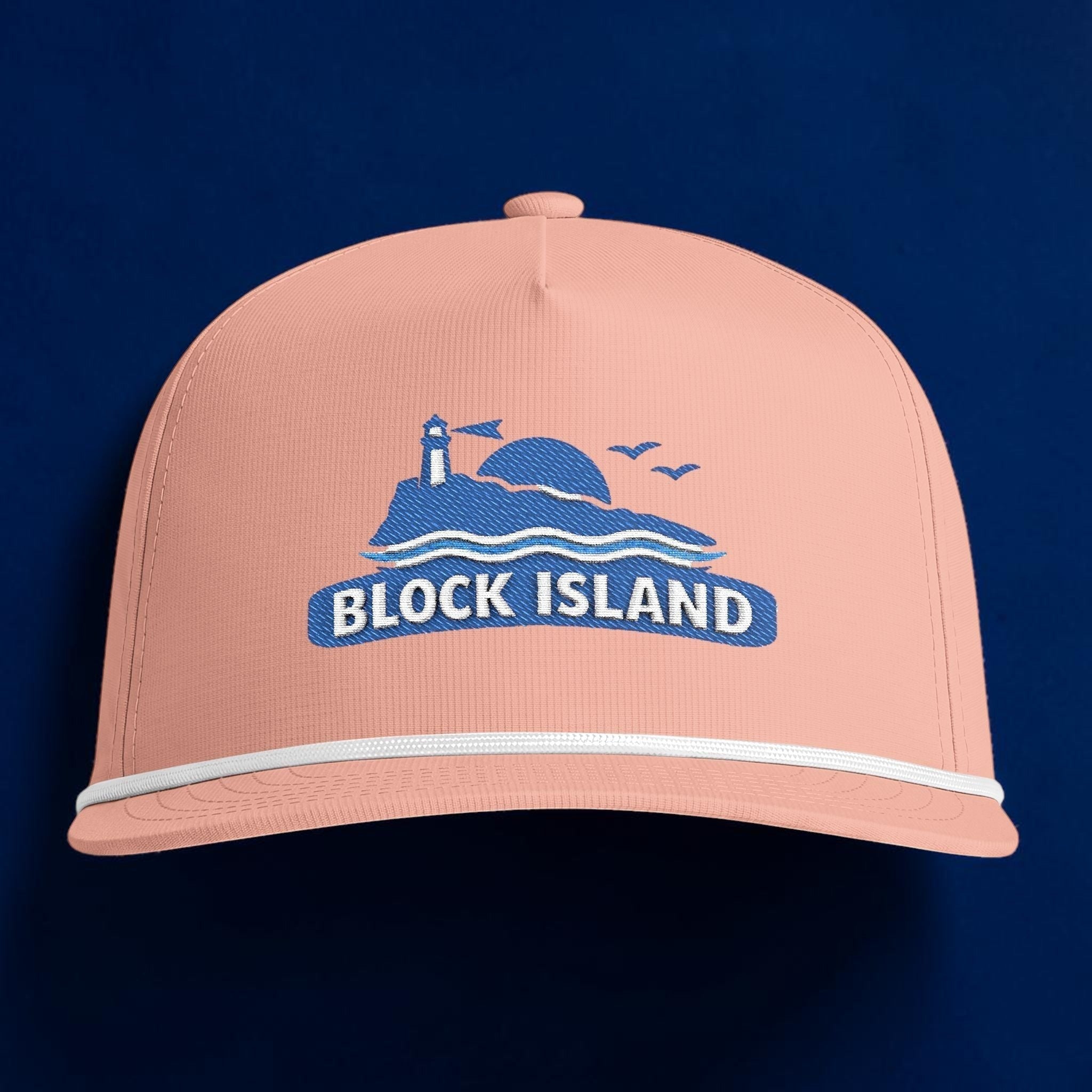 BlockBoundRI peach five-panel rope cap with Block Island lighthouse embroidery and white braided trim on curved bill