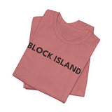 BlockBoundRI folded pink cotton t-shirt with BLOCK ISLAND text printed in black on the front
