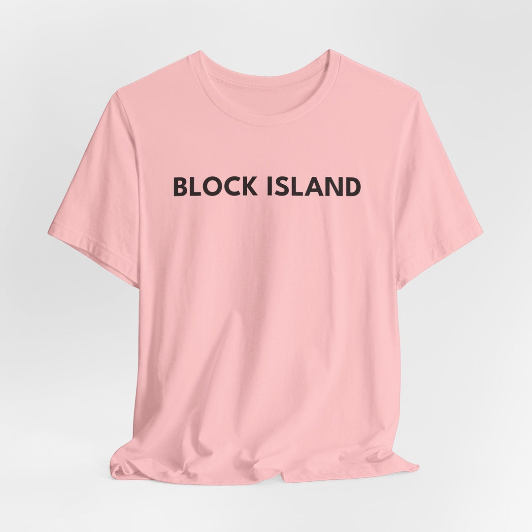BlockBoundRI light pink cotton t-shirt with BLOCK ISLAND text printed on the chest in minimalist black lettering.