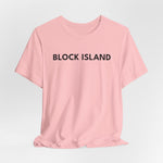 BlockBoundRI light pink cotton t-shirt with BLOCK ISLAND text printed on the chest in minimalist black lettering.