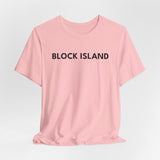 BlockBoundRI light pink cotton t-shirt with BLOCK ISLAND text printed on the chest in minimalist black lettering.