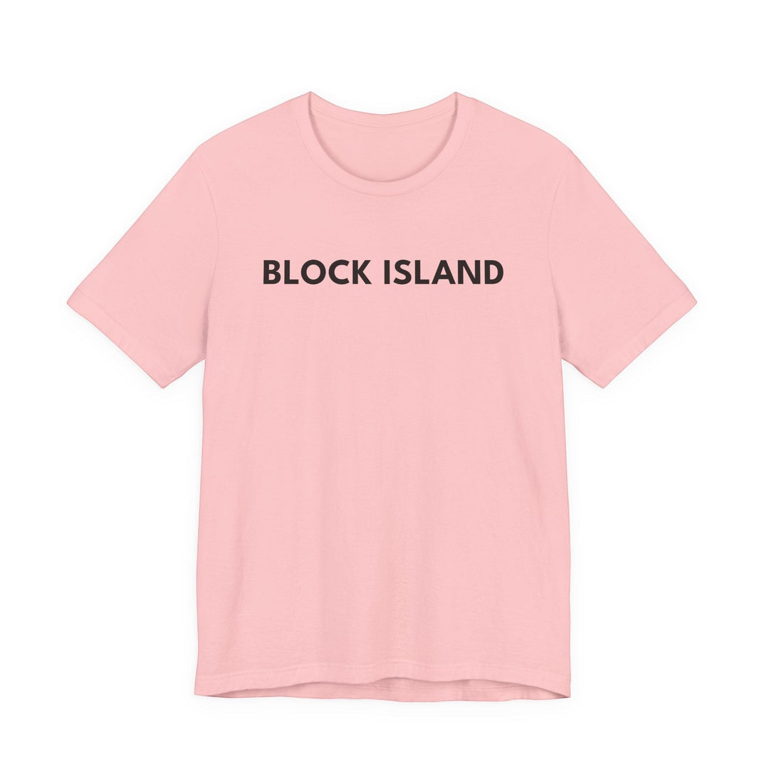 BlockBoundRI light pink crew neck t-shirt featuring minimalist black BLOCK ISLAND text on the front chest