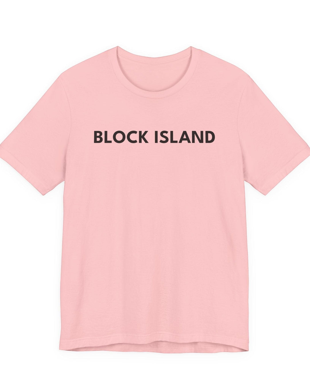 BlockBoundRI light pink crew neck t-shirt featuring minimalist black BLOCK ISLAND text on the front chest