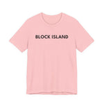 BlockBoundRI light pink crew neck t-shirt featuring minimalist black BLOCK ISLAND text on the front chest