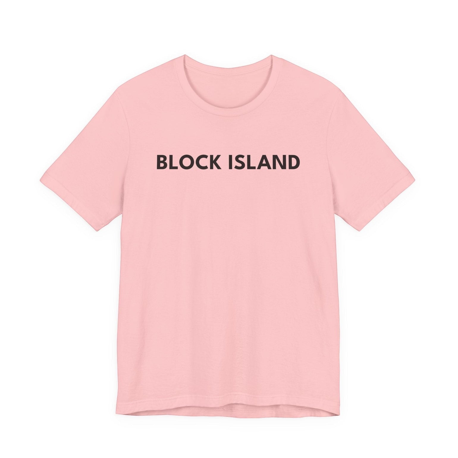 BlockBoundRI light pink crew neck t-shirt featuring minimalist black BLOCK ISLAND text on the front chest