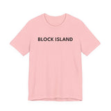 BlockBoundRI light pink crew neck t-shirt featuring minimalist black BLOCK ISLAND text on the front chest
