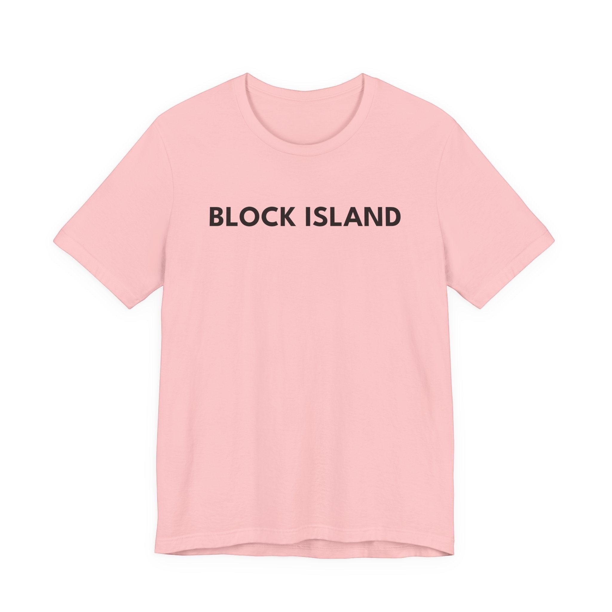BlockBoundRI light pink crew neck t-shirt featuring minimalist black BLOCK ISLAND text on the front chest