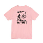 BlockBoundRI light pink cotton t-shirt featuring a back graphic of a person waving at a departing ferry boat.