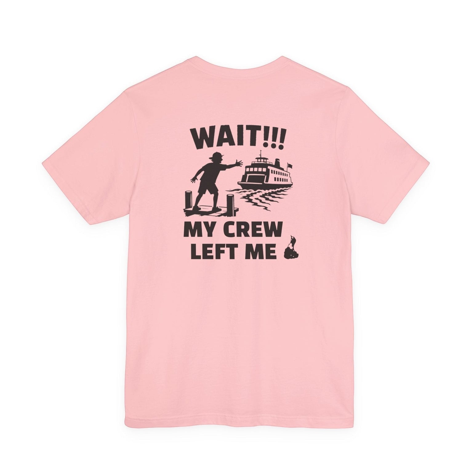 BlockBoundRI light pink cotton t-shirt featuring a back graphic of a person waving at a departing ferry boat.