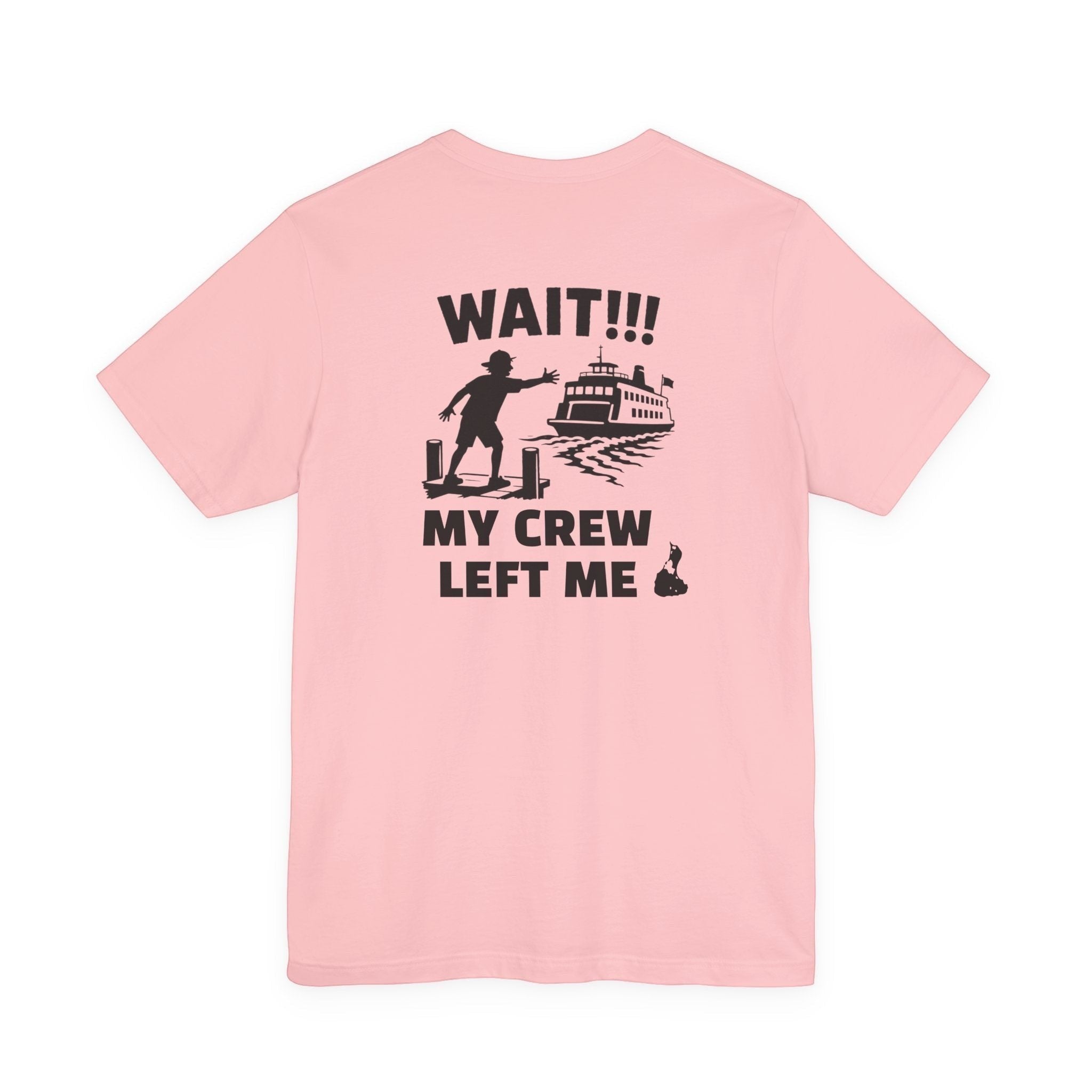 BlockBoundRI light pink cotton t-shirt featuring a back graphic of a person waving at a departing ferry boat.