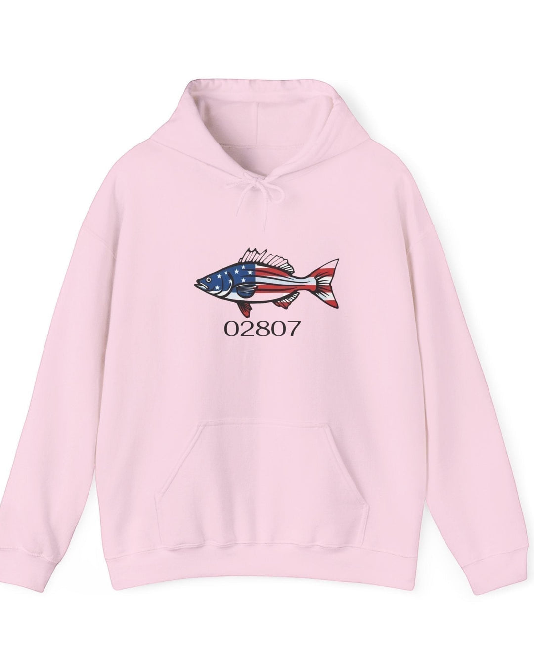 BlockBoundRI light pink hooded sweatshirt featuring a hand-drawn striped bass with American flag pattern and 02807 text.
