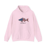 BlockBoundRI light pink hooded sweatshirt featuring a hand-drawn striped bass with American flag pattern and 02807 text.