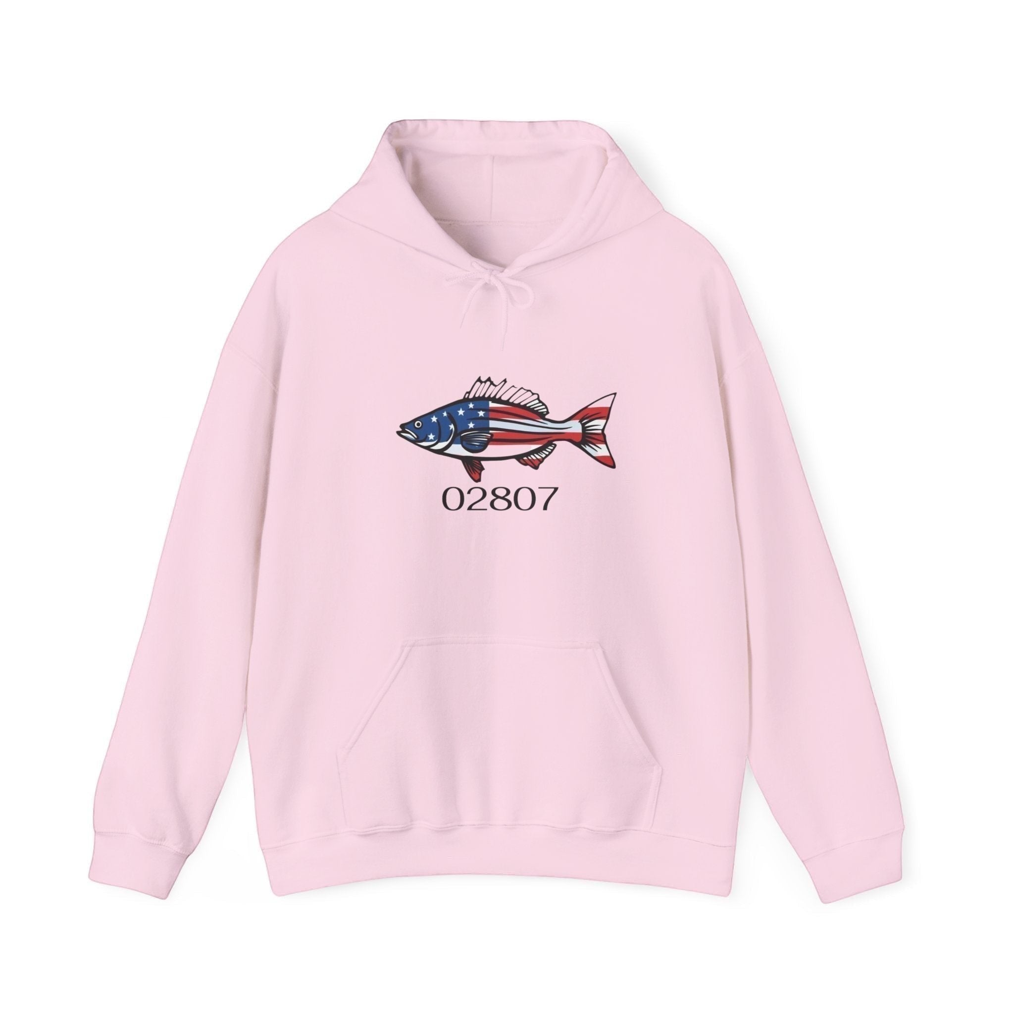BlockBoundRI light pink hooded sweatshirt featuring a hand-drawn striped bass with American flag pattern and 02807 text.