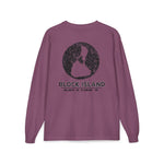 BlockBoundRI long sleeve shirt in plum with a distressed black Block Island map and coordinates on the back