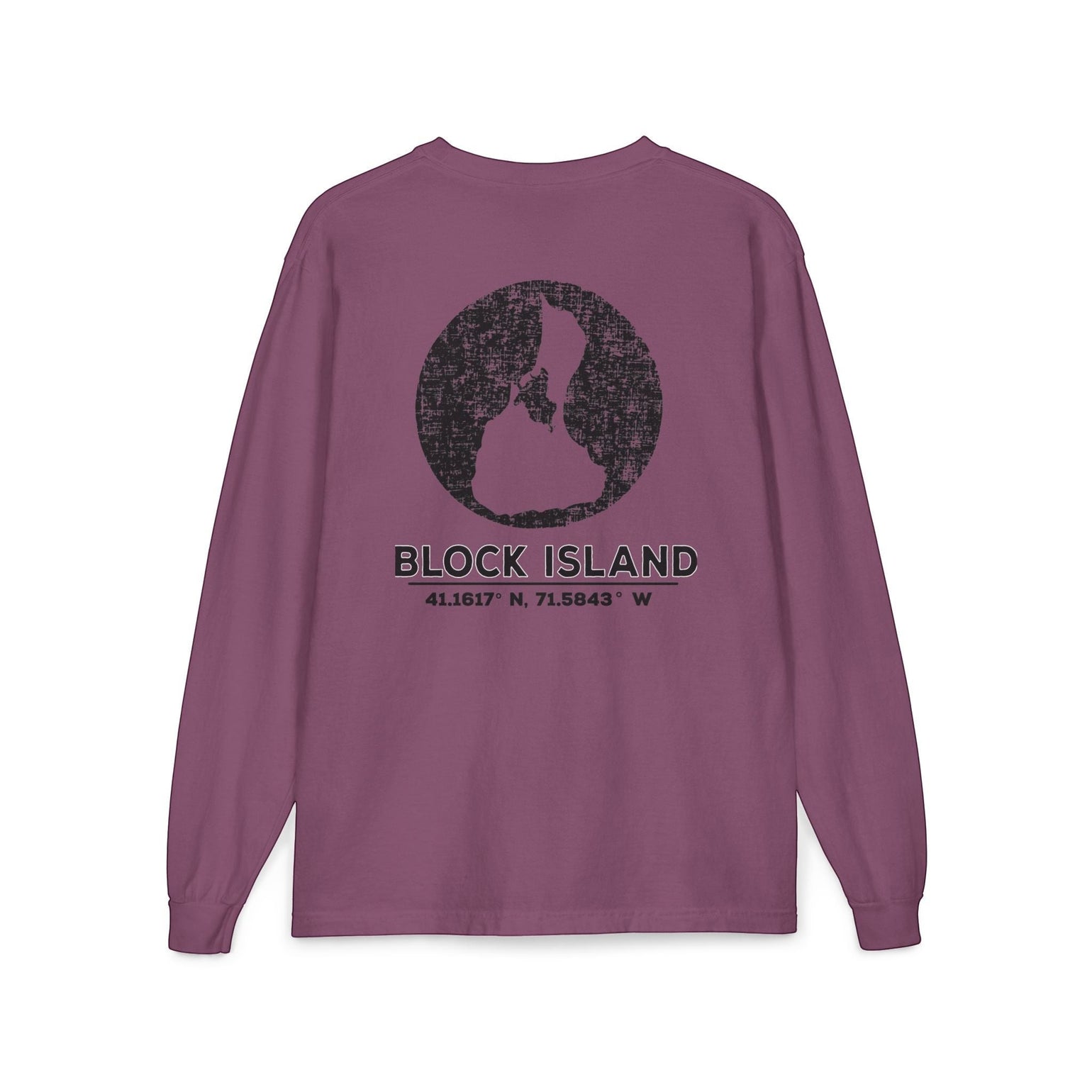 BlockBoundRI long sleeve shirt in plum with a distressed black Block Island map and coordinates on the back