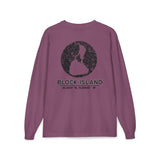 BlockBoundRI long sleeve shirt in plum with a distressed black Block Island map and coordinates on the back
