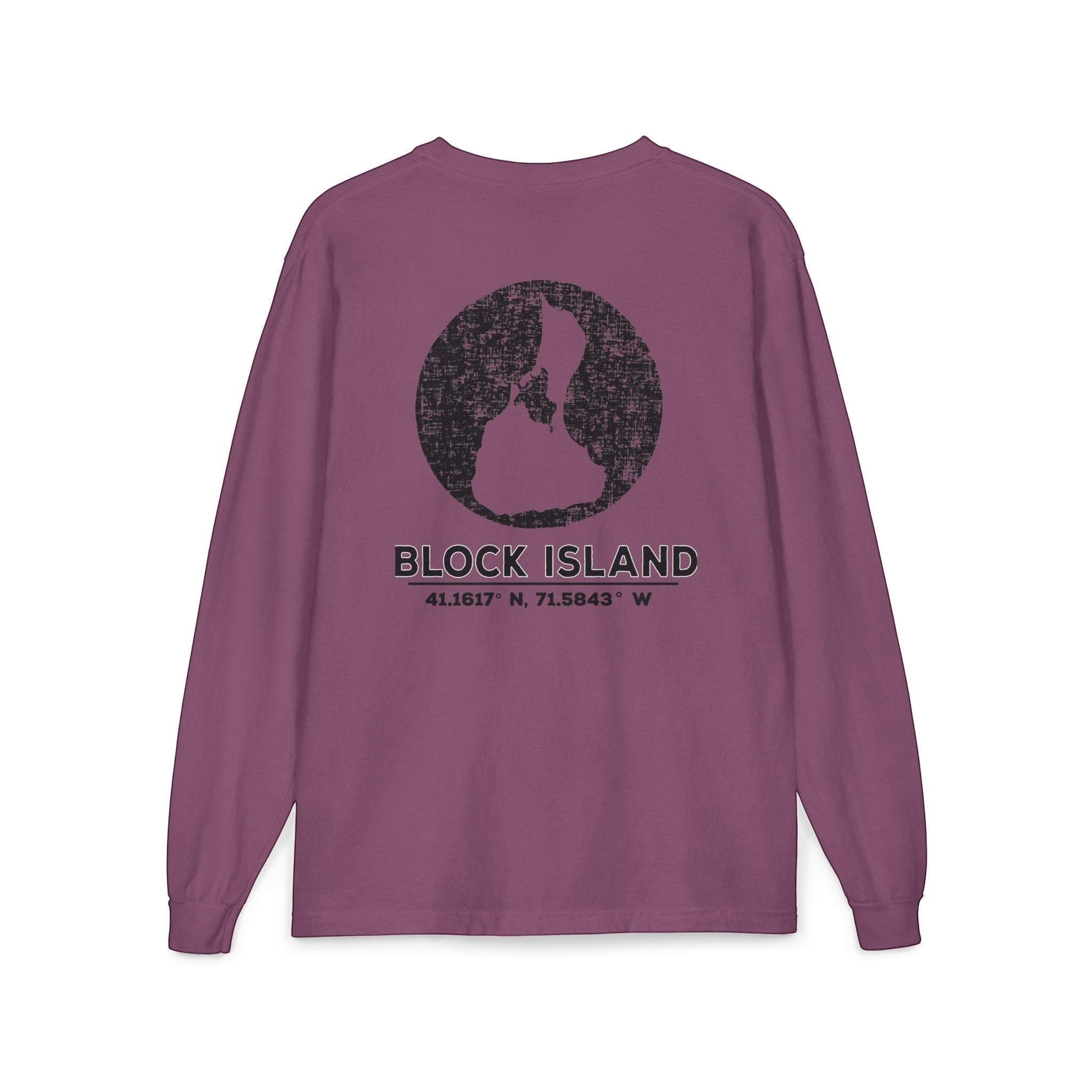 BlockBoundRI long sleeve shirt in plum with a distressed black Block Island map and coordinates on the back