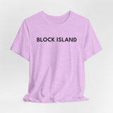 BlockBoundRI light purple crew neck t-shirt with BLOCK ISLAND text printed in black on the chest.