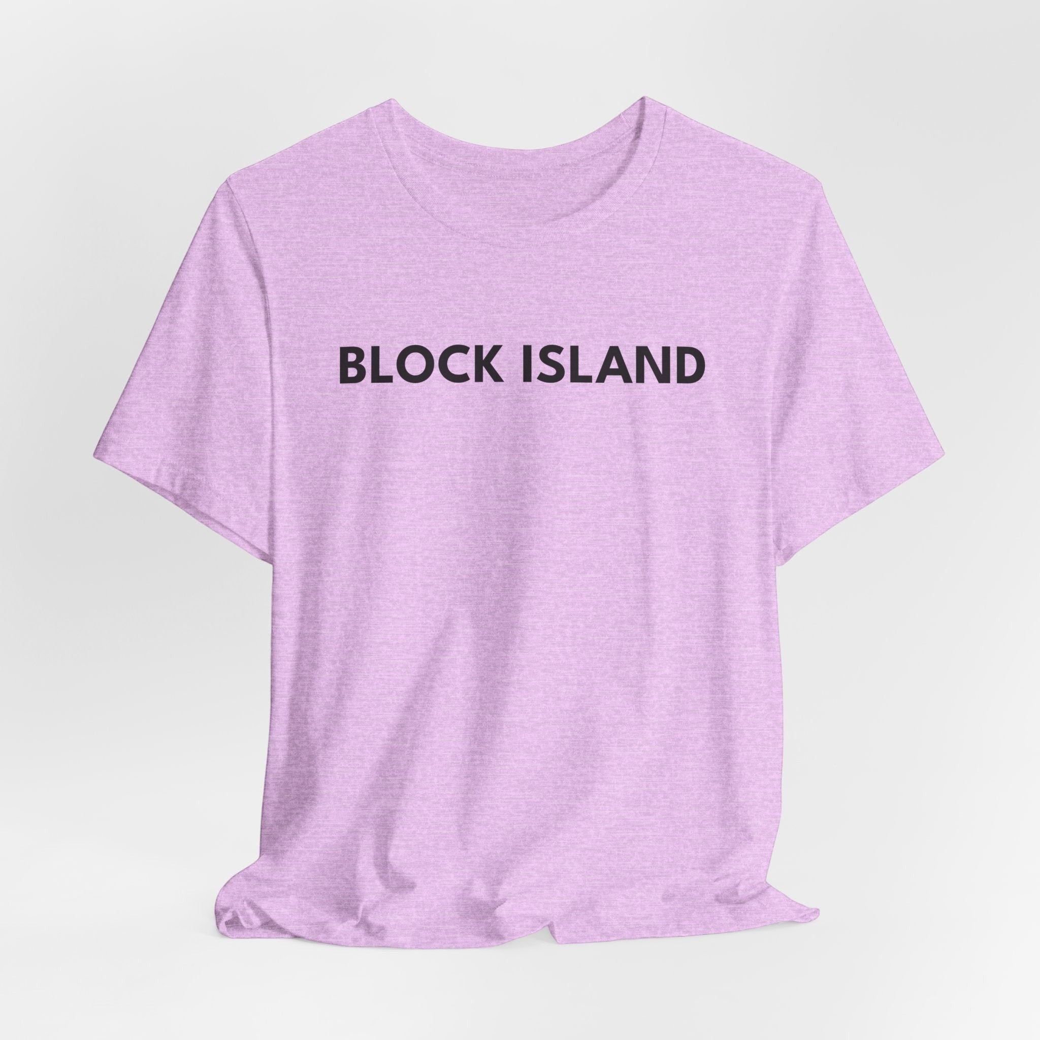 BlockBoundRI light purple crew neck t-shirt with BLOCK ISLAND text printed in black on the chest.