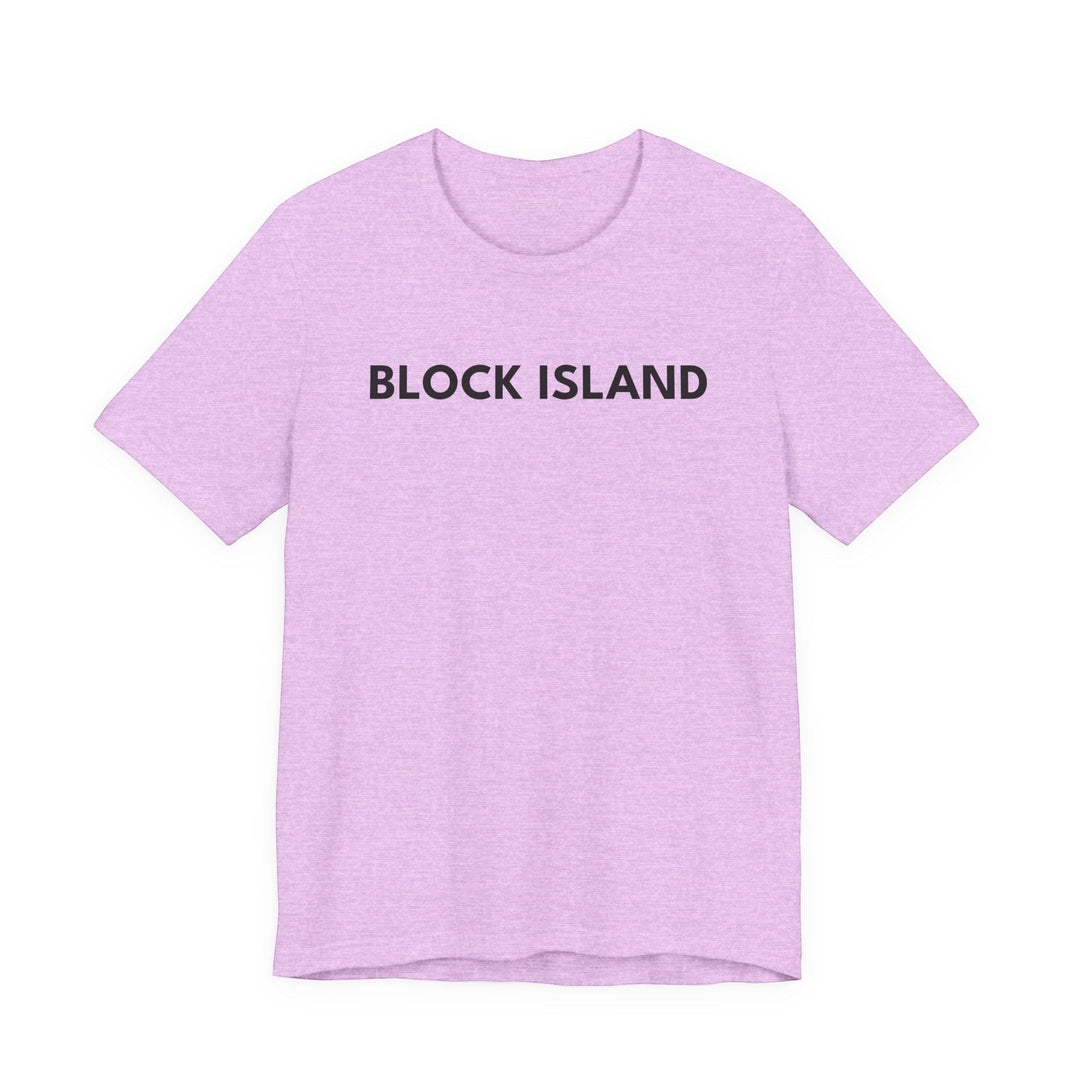 BlockBoundRI light purple cotton t-shirt with BLOCK ISLAND text printed in black on the chest.