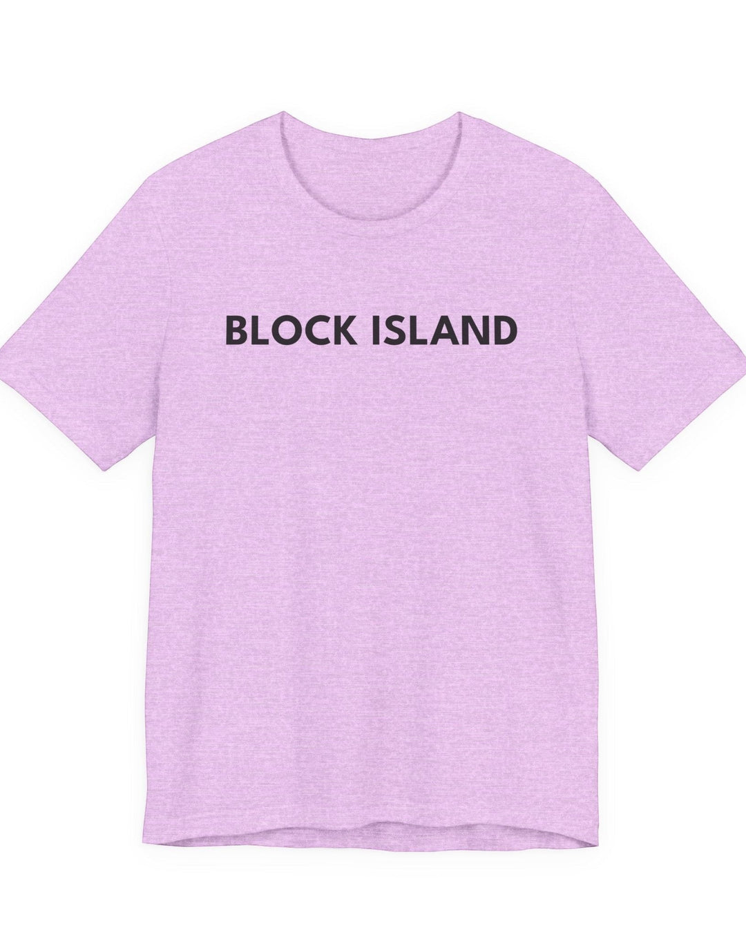 BlockBoundRI light purple cotton t-shirt with BLOCK ISLAND text printed in black on the chest.