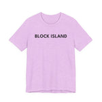 BlockBoundRI light purple cotton t-shirt with BLOCK ISLAND text printed in black on the chest.
