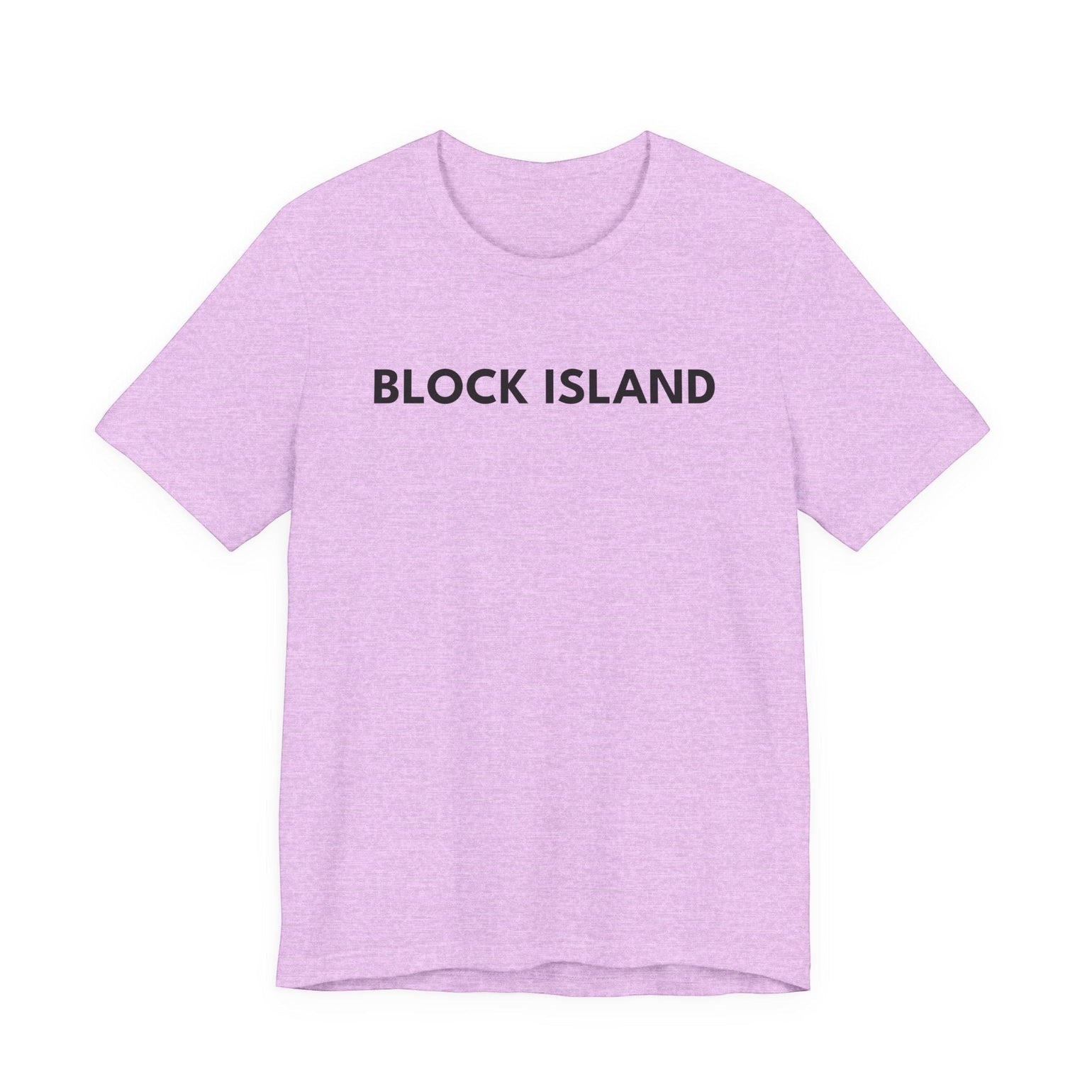 BlockBoundRI light purple cotton t-shirt with BLOCK ISLAND text printed in black on the chest.