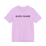 BlockBoundRI light purple cotton t-shirt with BLOCK ISLAND text printed in black on the chest.
