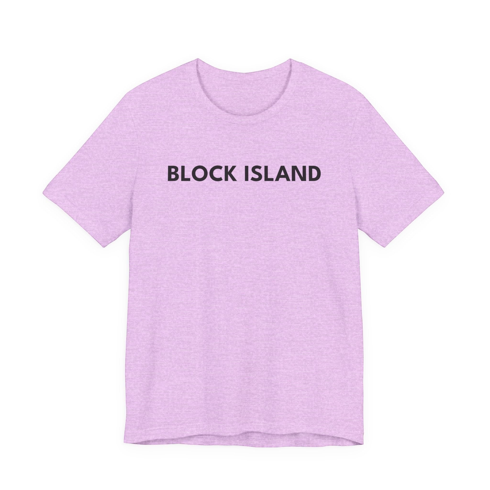 BlockBoundRI light purple cotton t-shirt with BLOCK ISLAND text printed in black on the chest.