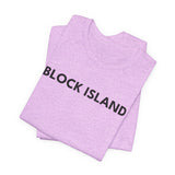 BlockBoundRI light purple cotton t-shirt featuring BLOCK ISLAND text in a clean black font