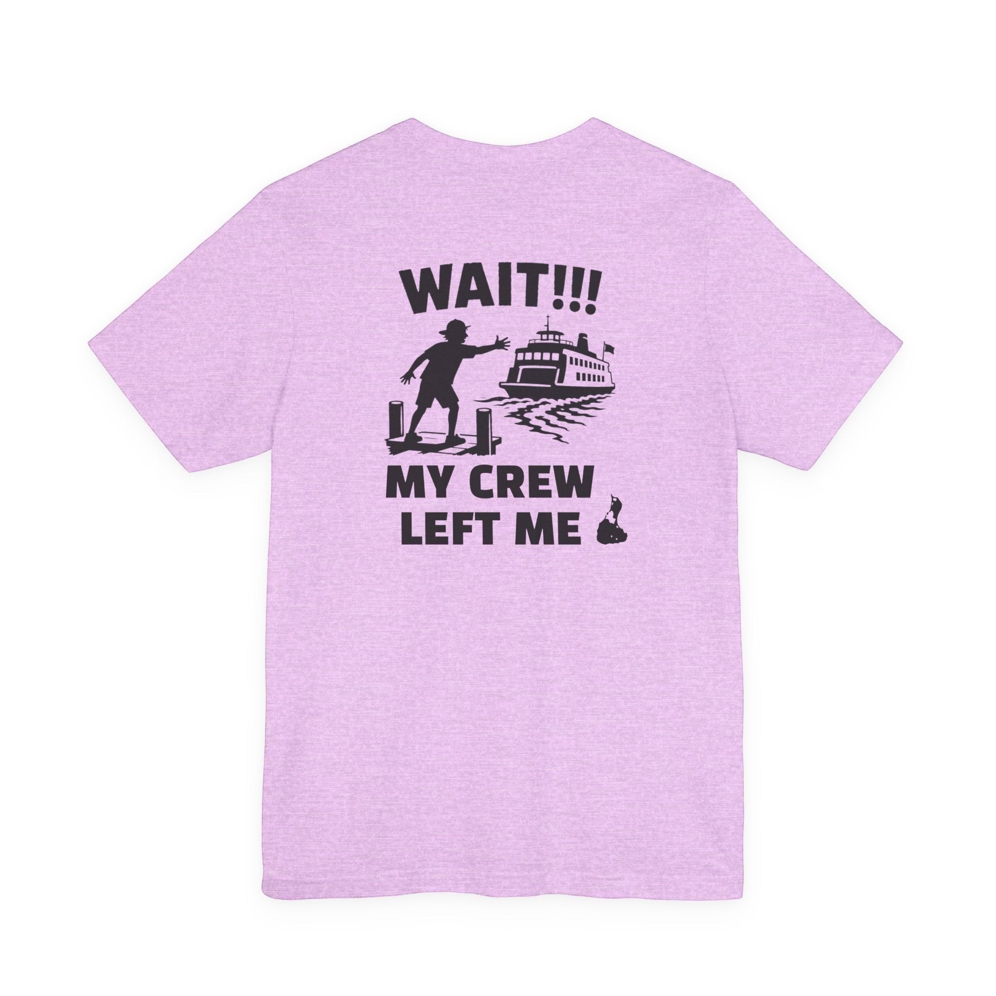 BlockBoundRI light purple cotton t-shirt featuring a back graphic of a person chasing a departing ferry boat.