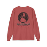 BlockBoundRI long sleeve shirt in terracotta red with a distressed black Block Island map graphic on the back