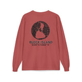 BlockBoundRI long sleeve shirt in terracotta red with a distressed black Block Island map graphic on the back