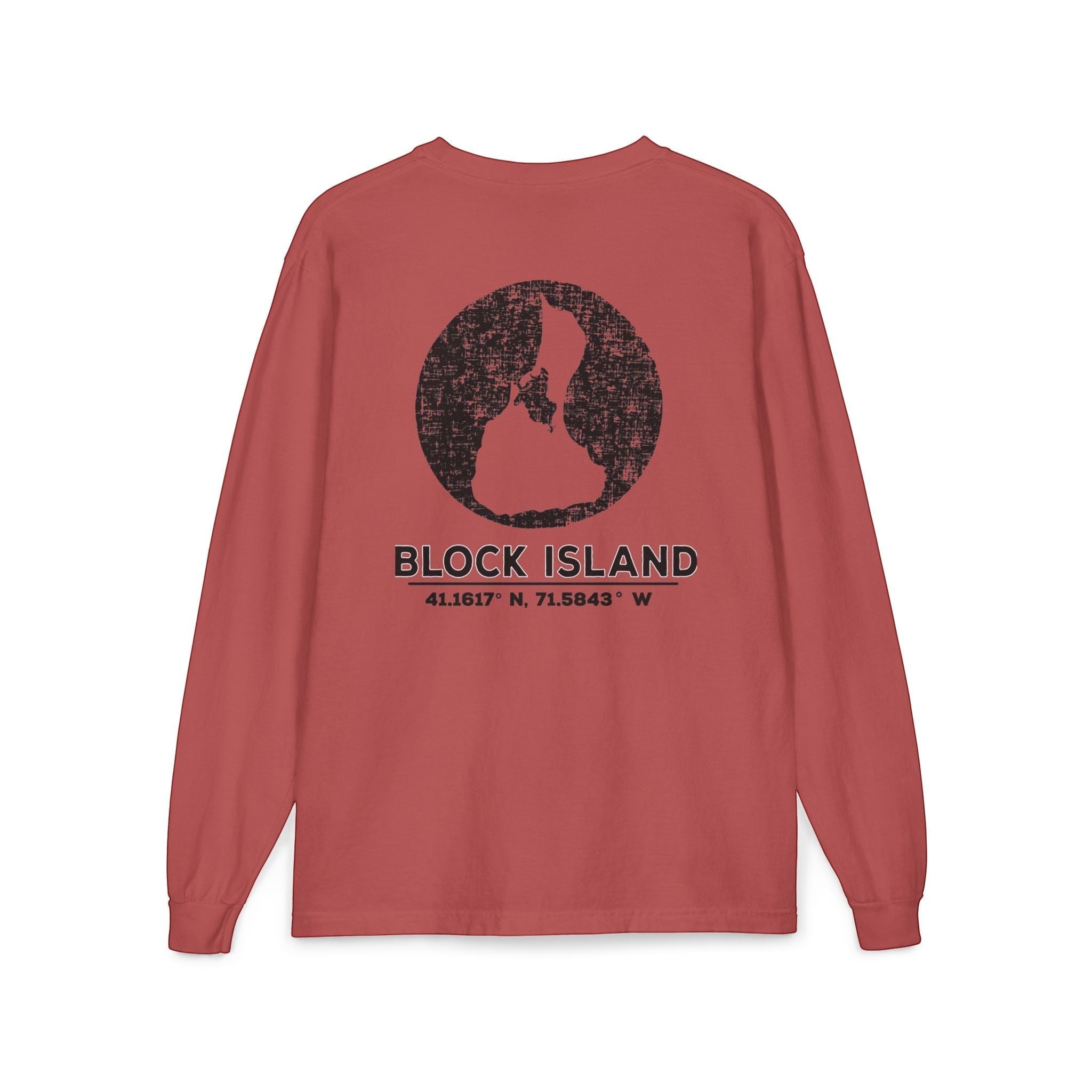 BlockBoundRI long sleeve shirt in terracotta red with a distressed black Block Island map graphic on the back