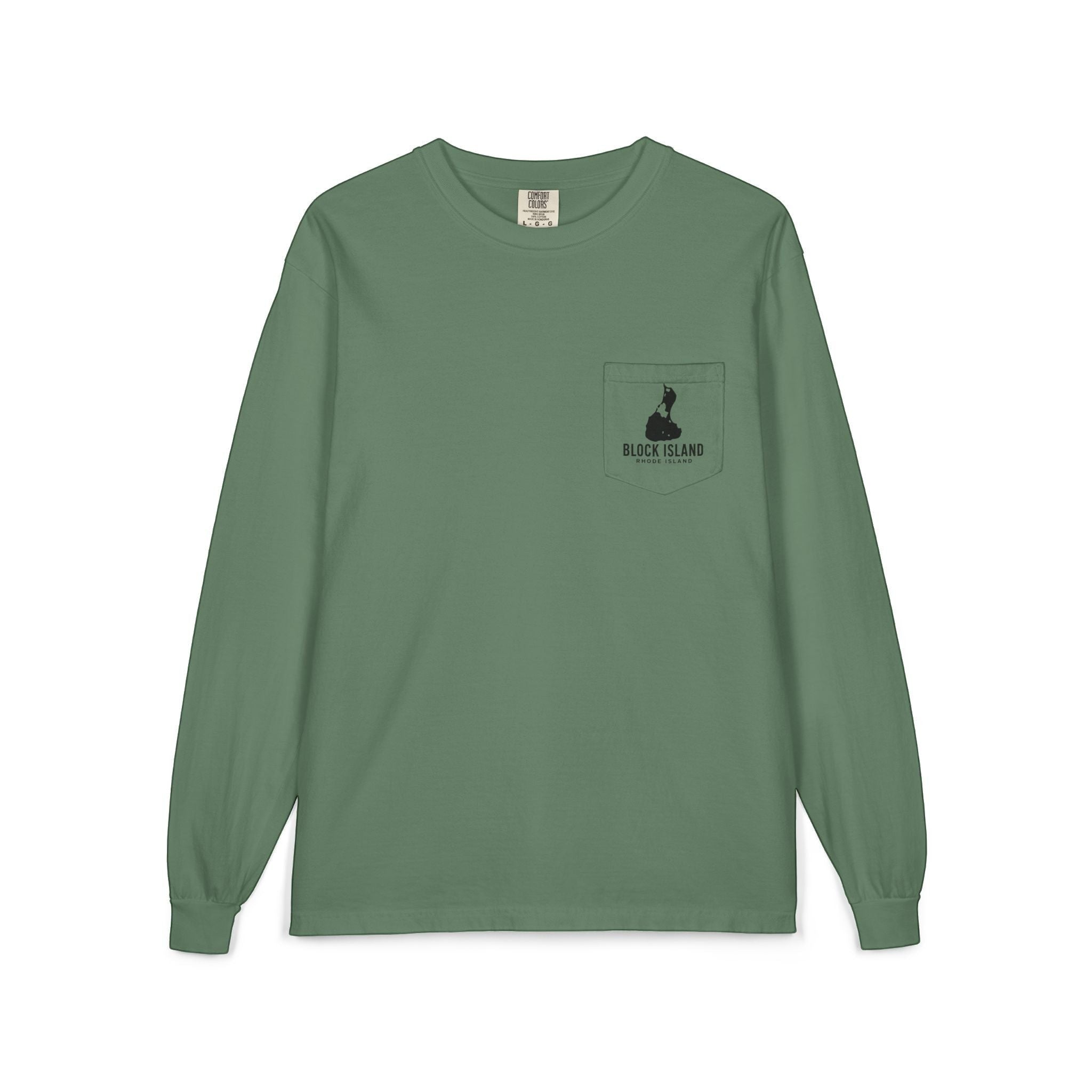 BlockBoundRI sage green long-sleeve cotton shirt with a chest pocket featuring a black Block Island logo print.