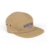 BlockBoundRI tan 5-panel cotton cap with blue and red Block Island Rhode Island embroidery and metal side eyelets.