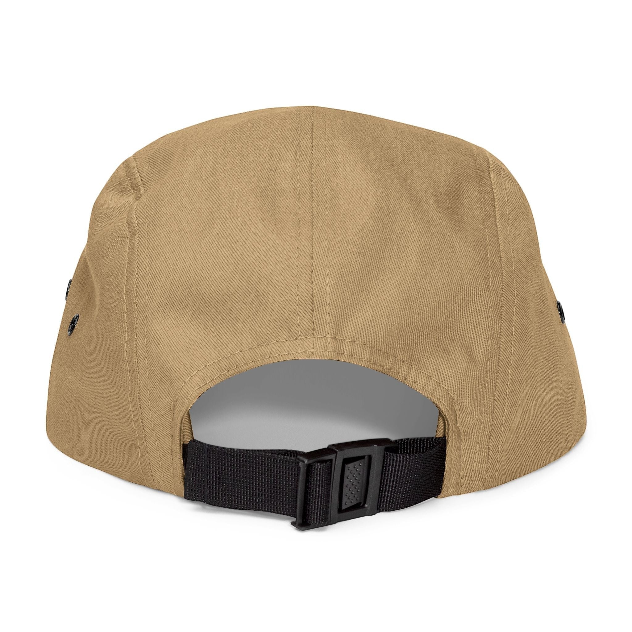 BlockBoundRI tan cotton 5-panel cap featuring an adjustable black nylon strap with a clip closure, rear view.