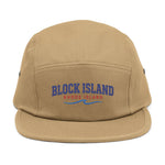 BlockBoundRI tan 5-panel cotton cap with Block Island Rhode Island embroidery and a blue wave design.