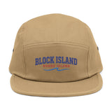 BlockBoundRI tan 5-panel cotton cap with Block Island Rhode Island embroidery and a blue wave design.