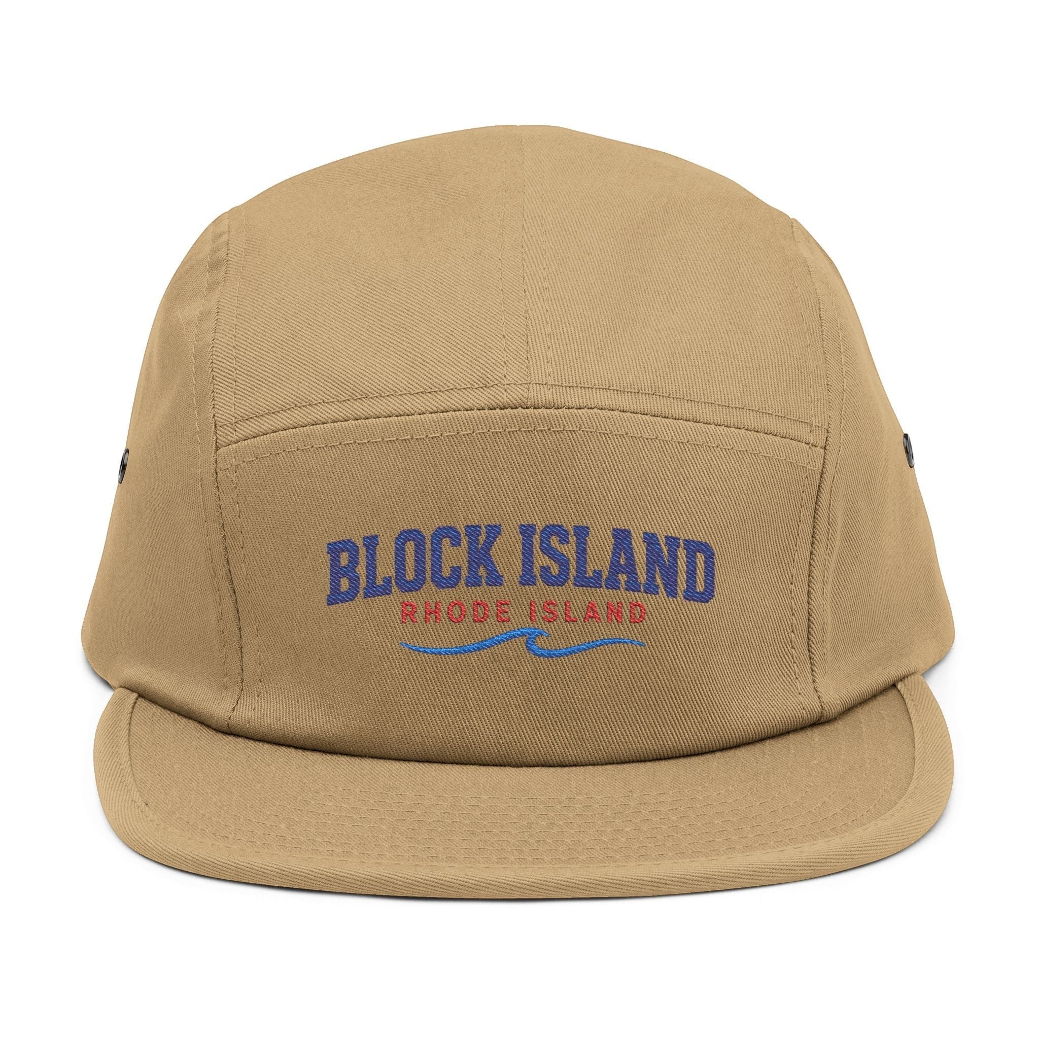 BlockBoundRI tan 5-panel cotton cap with Block Island Rhode Island embroidery and a blue wave design.