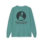 BlockBoundRI teal long-sleeve cotton shirt with distressed black Block Island map and coordinates on the back