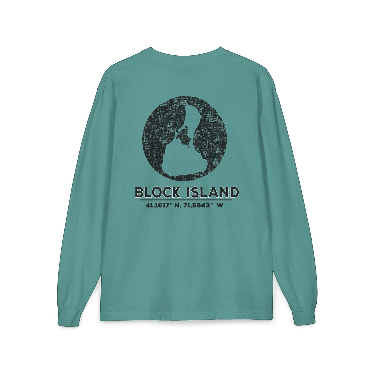 BlockBoundRI teal long-sleeve cotton shirt with distressed black Block Island map and coordinates on the back